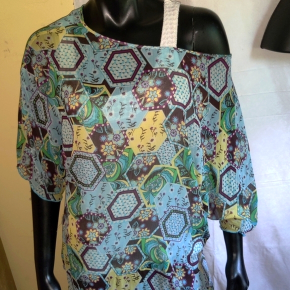 🗺️ Boho Printed Peasant Shirt Blouse w/ Braided Belt included Semi-Sheer, Small - Picture 7 of 10